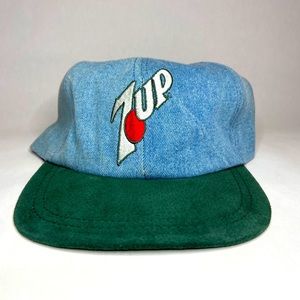 VINTAGE 7UP Denim And Suede Hat Cap  Strap Back One Size Stylemaster USA Made